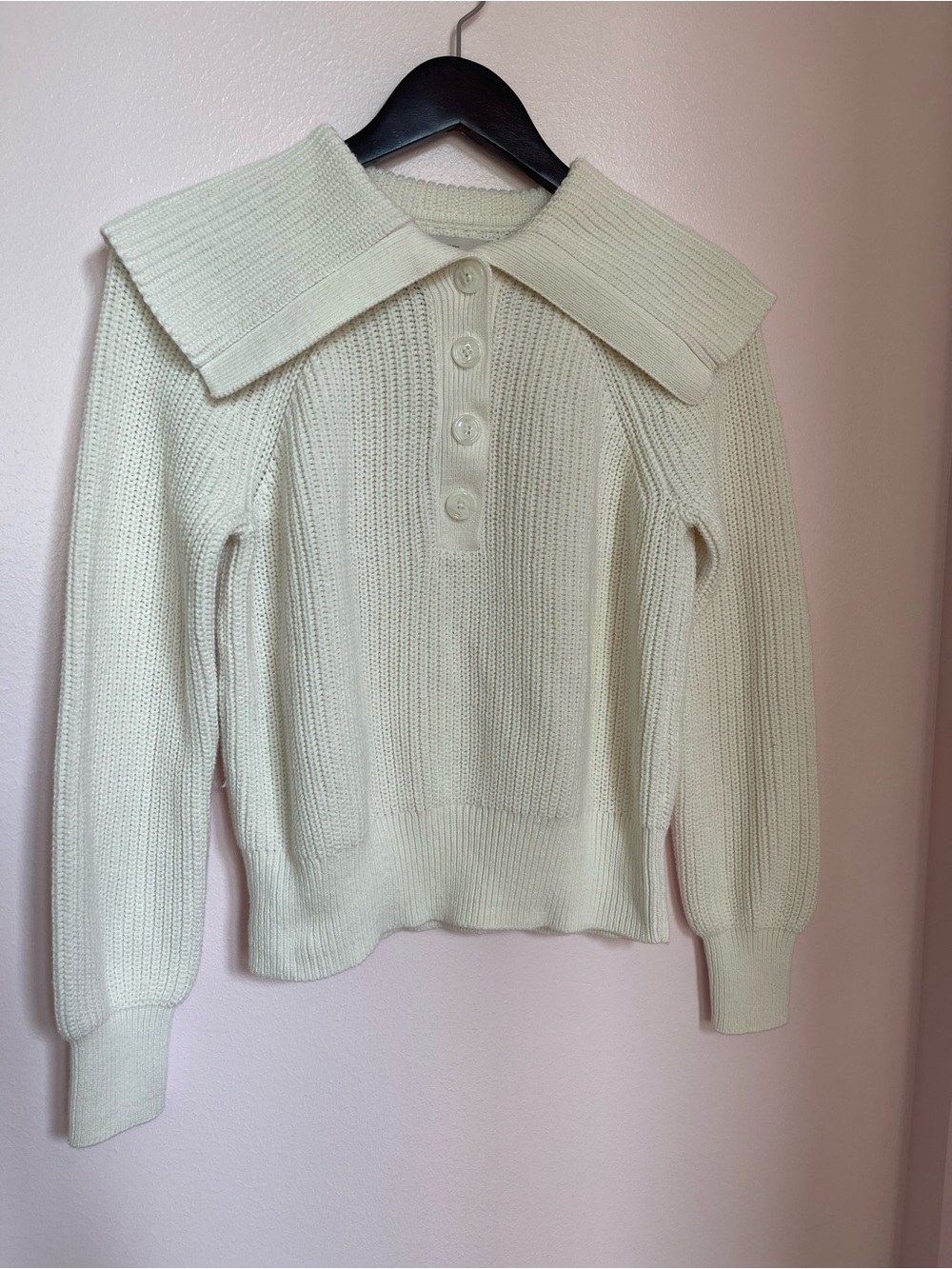 LOFT Cream Ribbed Sweater with Wide Collar